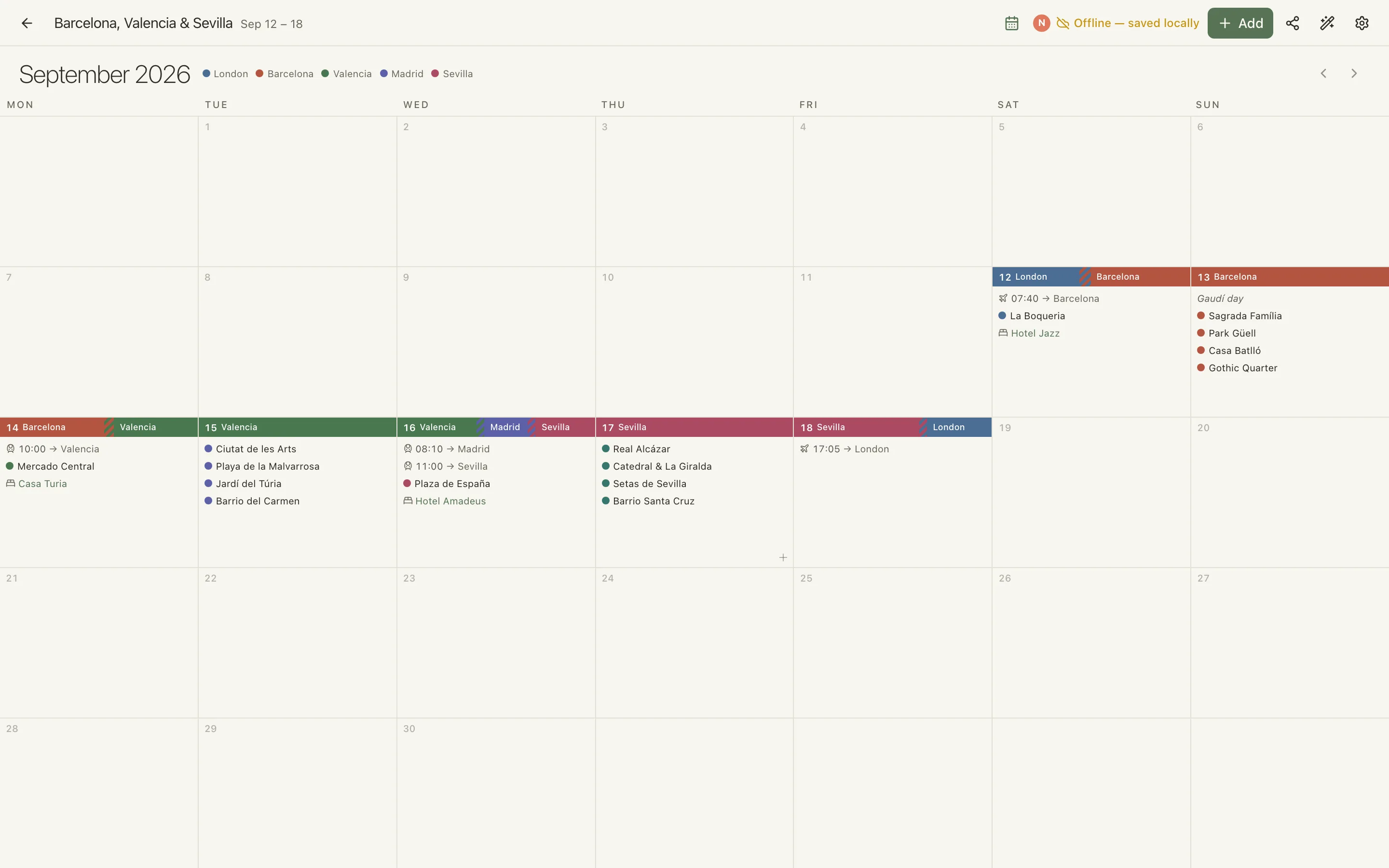 Scythian's calendar view: a September month grid with the trip's days striped by city and each day's activities listed inside