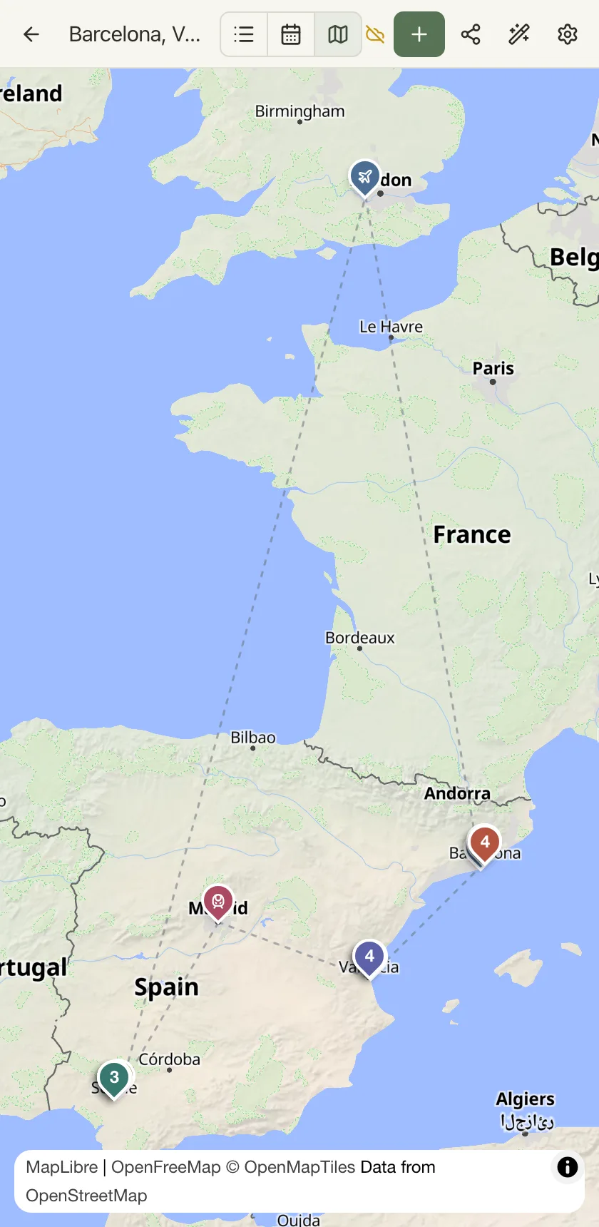 The same trip on a phone: the map with numbered pins across Spain