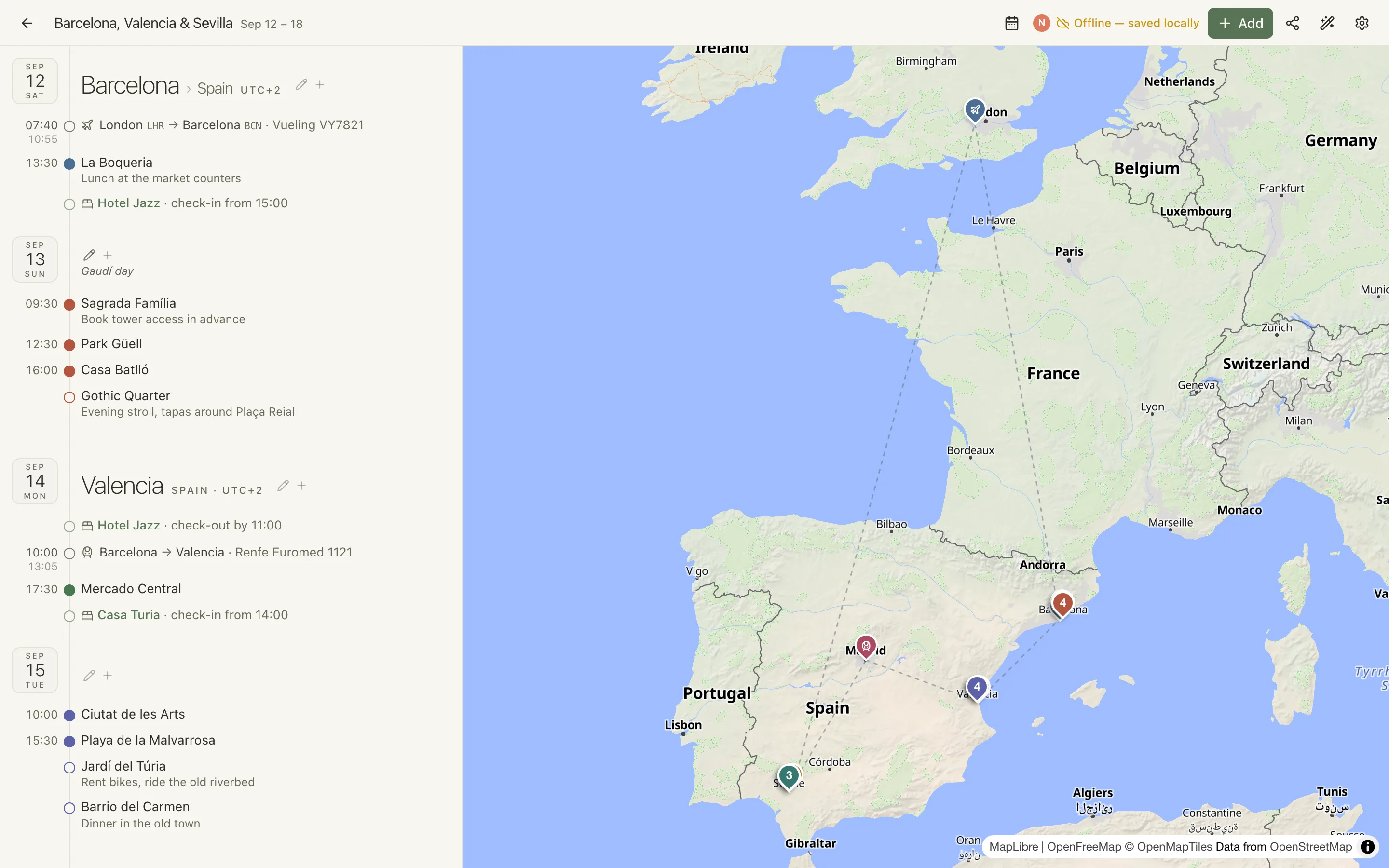 Scythian on a laptop: the day-by-day timeline of a Spain trip on the left, next to a map of the route from London across Spain with numbered pins